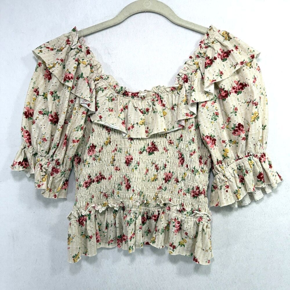 Free People Top Women S Cream Favorite Girl Crop Floral Ruffle Cottagecore Boho - Picture 4 of 13